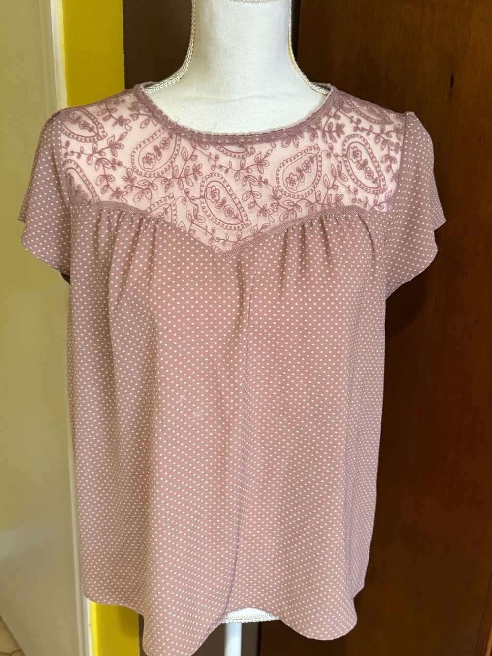 Dusty Rose Polka Dot Lace Yoke Top